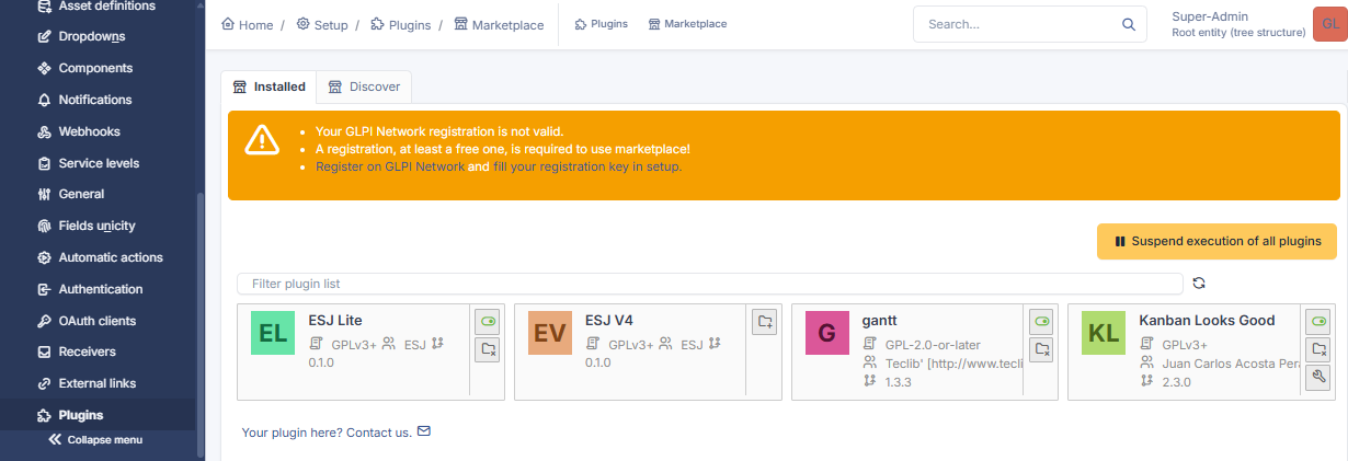 Plugins instalados en GLPI