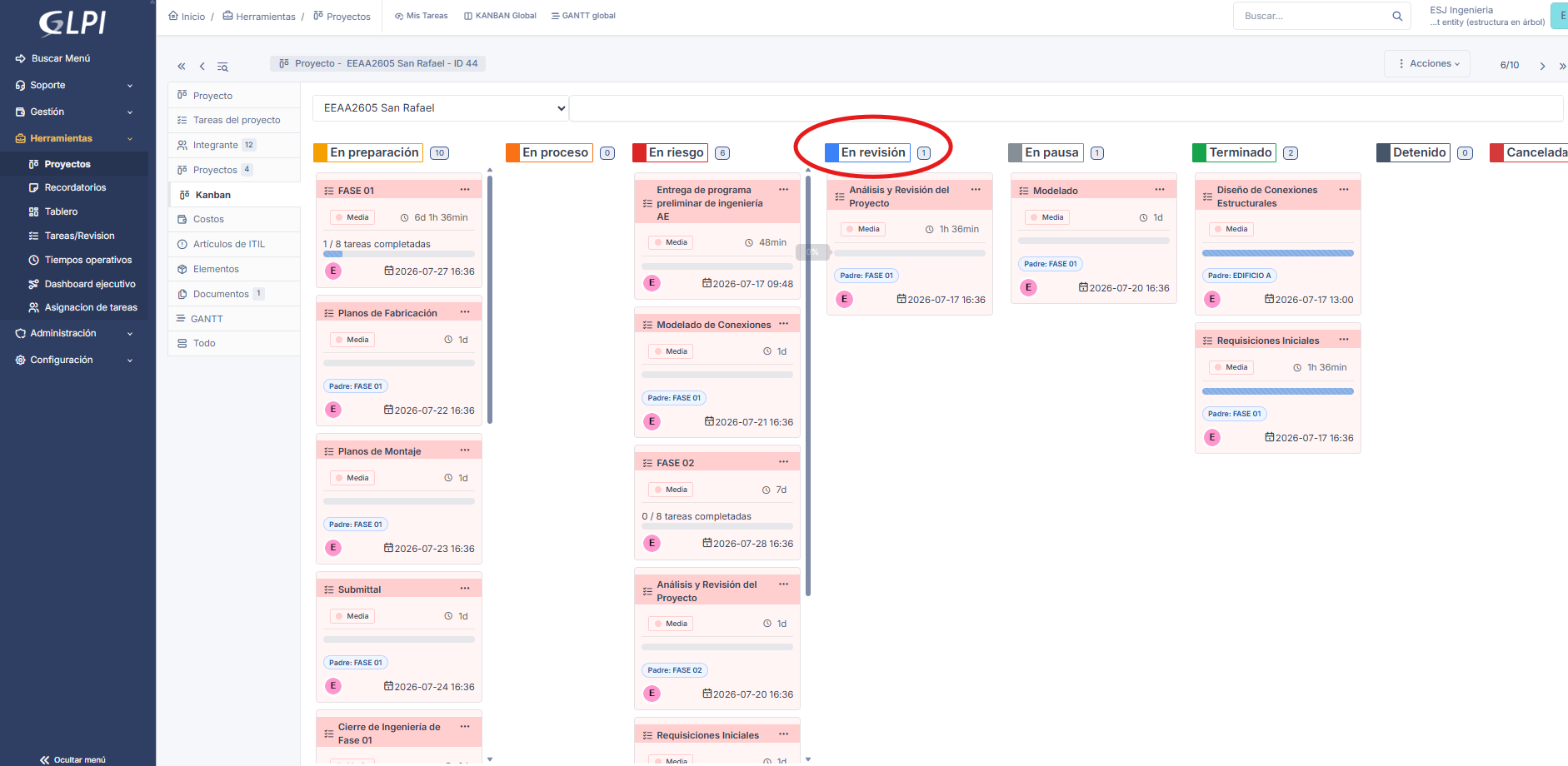 Columna En revisión dentro del Kanban
