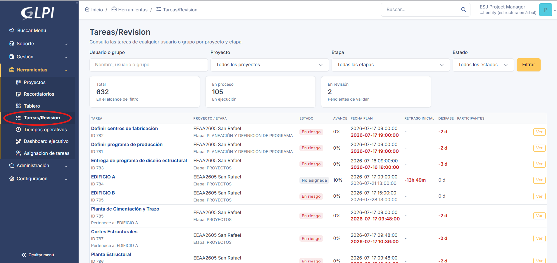 Vista Tareas Revisión para Project Manager